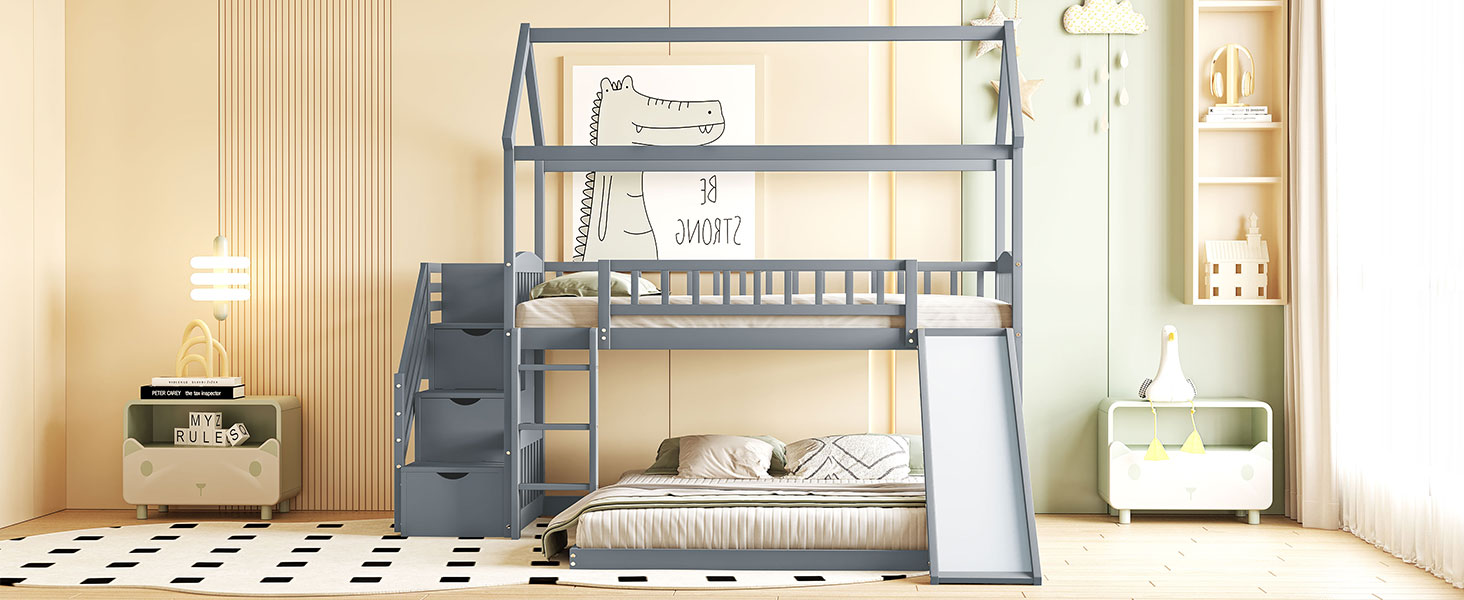 House Shape Twin Over Twin Bunk Bed With Two Drawers, Staircase And Slide 28 House Shape Twin Over Twin Bunk Bed With Two Drawers, Staircase And Slide