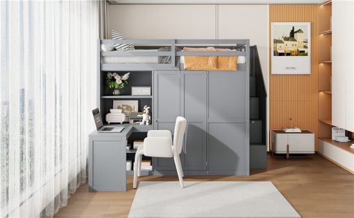 Full Size Bunk Bed With Wardrobe, Desk And Shelves