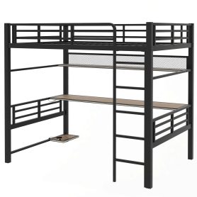 Full Size Metal Loft Bed Frame with Storage Shelf and LED Light