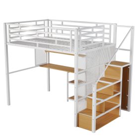 Full Size Metal Loft Bed with Wardrobe, Desk and Storage Shelves
