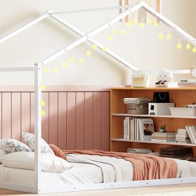 Metal Full Size House Bed Frame with Shelves and Lights