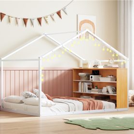 Metal Full Size House Bed Frame with Shelves and Lights