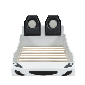 Wood Twin Size Race Car-Shaped Platform Bed with LED and Upholstered Backrest