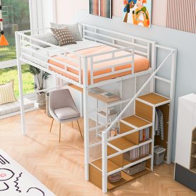 Full Size Metal Loft Bed with Wardrobe, Desk and Storage Shelves