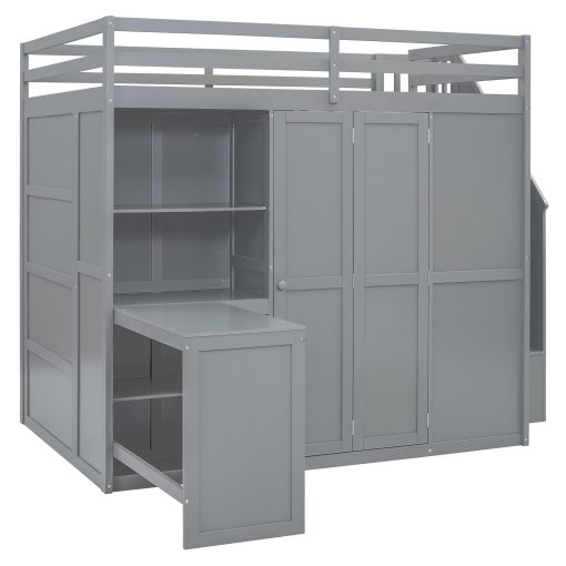 Full Size Bunk Bed With Wardrobe, Desk And Shelves