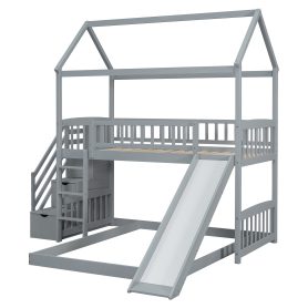 House Shape Twin Over Twin Bunk Bed With Two Drawers, Staircase And Slide 32 House Shape Twin Over Twin Bunk Bed With Two Drawers, Staircase And Slide