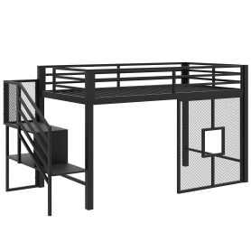 Twin Size Metal Low Loft Bed Frame With Storage Staircase And Iron Mesh