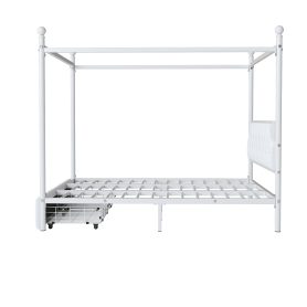 Queen Size Metal Canopy Platform Bed with Upholstered Headboard and Two Storage Drawers