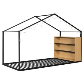 Metal Twin Size House Bed Frame with Shelves and Lights