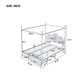Queen Size Metal Canopy Platform Bed with Upholstered Headboard and Two Storage Drawers