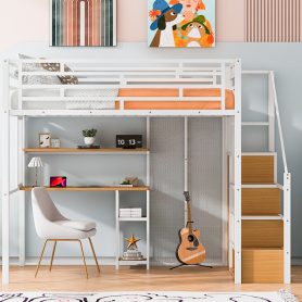 Full Size Metal Loft Bed with Wardrobe, Desk and Storage Shelves