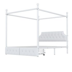 Queen Size Metal Canopy Platform Bed with Upholstered Headboard and Two Storage Drawers