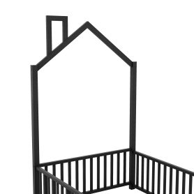 Twin Size Metal House Platform Bed with Guardrail and Chimney