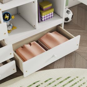 Full Size High Loft Bed with Desk, Storage Shelves and Drawers, Built-in Ladder 50 Full Size High Loft Bed with Desk, Storage Shelves and Drawers, Built-in Ladder