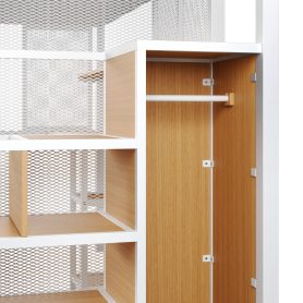 Full Size Metal Loft Bed with Wardrobe, Desk and Storage Shelves