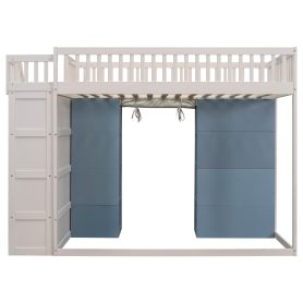Full Size Loft Bed with 2 Four-layer Storage Cabinets and Curtain