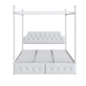 Queen Size Metal Canopy Platform Bed with Upholstered Headboard and Two Storage Drawers