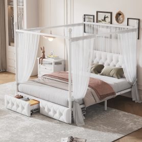 Queen Size Metal Canopy Platform Bed with Upholstered Headboard and Two Storage Drawers