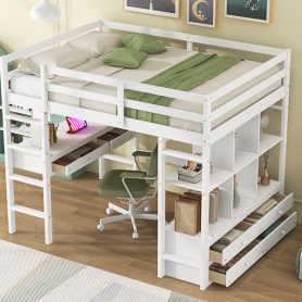 Full Size Loft Bed with Built-in Desk with Two Drawers and Storage Shelves 31 Full Size Loft Bed with Built-in Desk with Two Drawers and Storage Shelves