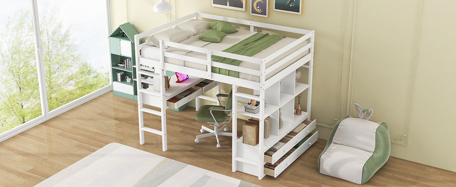 Full Size Loft Bed with Built-in Desk with Two Drawers and Storage Shelves 8 Full Size Loft Bed with Built-in Desk with Two Drawers and Storage Shelves