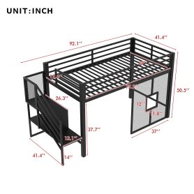 Twin Size Metal Low Loft Bed Frame With Storage Staircase And Iron Mesh
