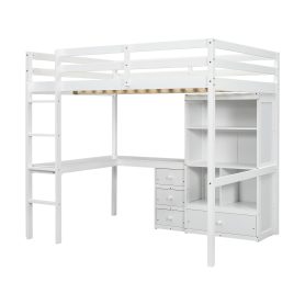 Full Size High Loft Bed with Desk, Storage Shelves and Drawers, Built-in Ladder 61 Full Size High Loft Bed with Desk, Storage Shelves and Drawers, Built-in Ladder