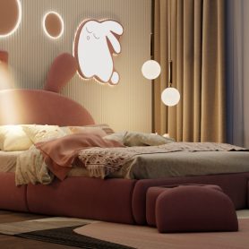 Full Size Upholstered Platform Bed with Cartoon Ears Shaped Headboard and Light