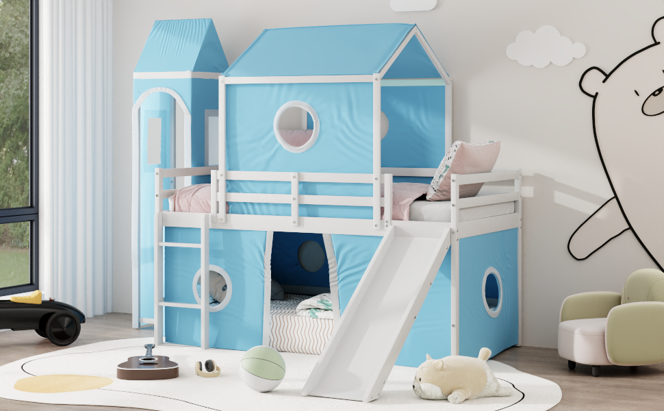 Twin Size Loft Bed with Slide, Tent and Tower 19 Twin Size Loft Bed with Slide, Tent and Tower