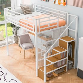 Full Size Metal Loft Bed with Wardrobe, Desk and Storage Shelves