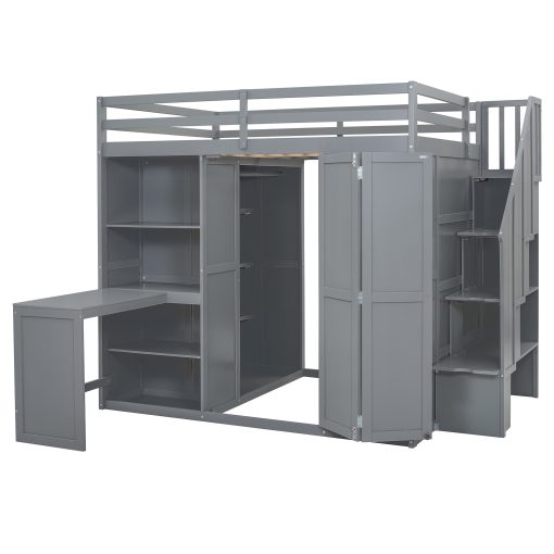 Full Size Bunk Bed With Wardrobe, Desk And Shelves