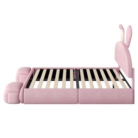 Full Size Upholstered Platform Bed with Cartoon Ears Shaped Headboard and Light