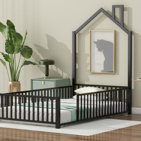 Twin Size Metal House Platform Bed with Guardrail and Chimney