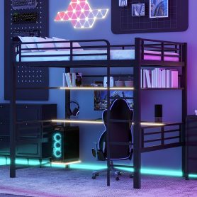 Full Size Metal Loft Bed Frame with Storage Shelf and LED Light