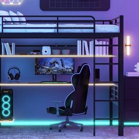 Full Size Metal Loft Bed Frame with Storage Shelf and LED Light