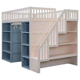 Full Size Loft Bed with 2 Four-layer Storage Cabinets and Curtain
