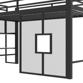 Twin Size Metal Low Loft Bed Frame With Storage Staircase And Iron Mesh