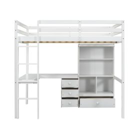 Full Size High Loft Bed with Desk, Storage Shelves and Drawers, Built-in Ladder 64 Full Size High Loft Bed with Desk, Storage Shelves and Drawers, Built-in Ladder