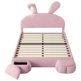 Full Size Upholstered Platform Bed with Cartoon Ears Shaped Headboard and Light