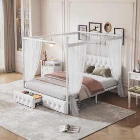 Queen Size Metal Canopy Platform Bed with Upholstered Headboard and Two Storage Drawers