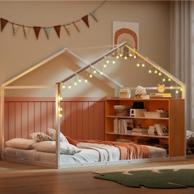 Metal Full Size House Bed Frame with Shelves and Lights