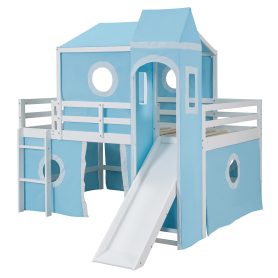 Full Size Loft  Bed With Slide, Tent And Tower