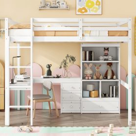 Full Size High Loft Bed with Desk, Storage Shelves and Drawers, Built-in Ladder 48 Full Size High Loft Bed with Desk, Storage Shelves and Drawers, Built-in Ladder