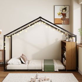 Metal Twin Size House Bed Frame with Shelves and Lights