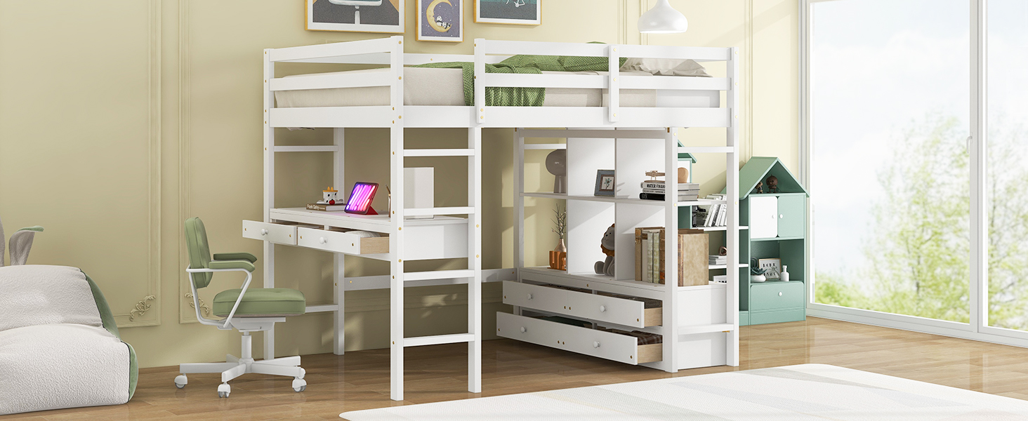 Full Size Loft Bed with Built-in Desk with Two Drawers and Storage Shelves 10 Full Size Loft Bed with Built-in Desk with Two Drawers and Storage Shelves