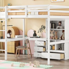 Full Size High Loft Bed with Desk, Storage Shelves and Drawers, Built-in Ladder 58 Full Size High Loft Bed with Desk, Storage Shelves and Drawers, Built-in Ladder