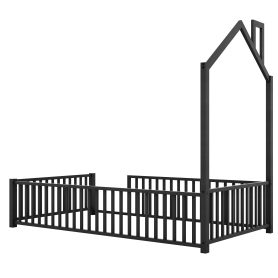 Twin Size Metal House Platform Bed with Guardrail and Chimney