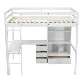 Full Size High Loft Bed with Desk, Storage Shelves and Drawers, Built-in Ladder 65 Full Size High Loft Bed with Desk, Storage Shelves and Drawers, Built-in Ladder