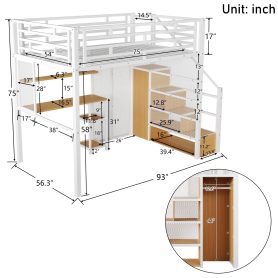 Full Size Metal Loft Bed with Wardrobe, Desk and Storage Shelves