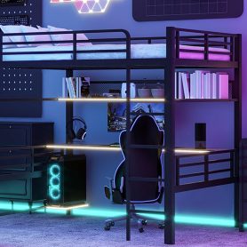 Full Size Metal Loft Bed Frame with Storage Shelf and LED Light