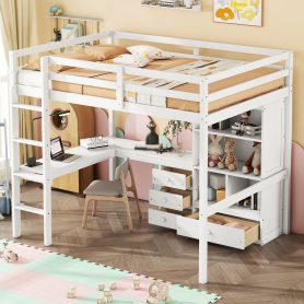 Full Size High Loft Bed with Desk, Storage Shelves and Drawers, Built-in Ladder 49 Full Size High Loft Bed with Desk, Storage Shelves and Drawers, Built-in Ladder